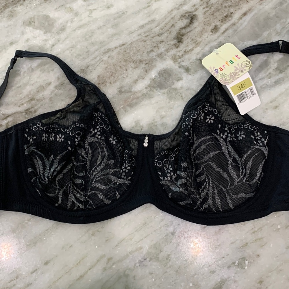 Parfait Black and Silver Lace Underwire Bra 34F NWT